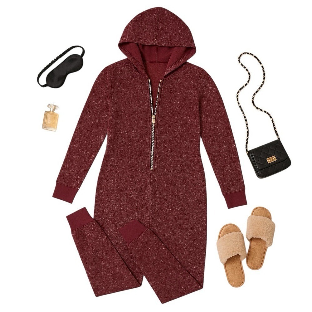 Savage X Fenty Sleep & Shine Glitter Hooded Zip Onesie Burgundy Medium Rare EUC